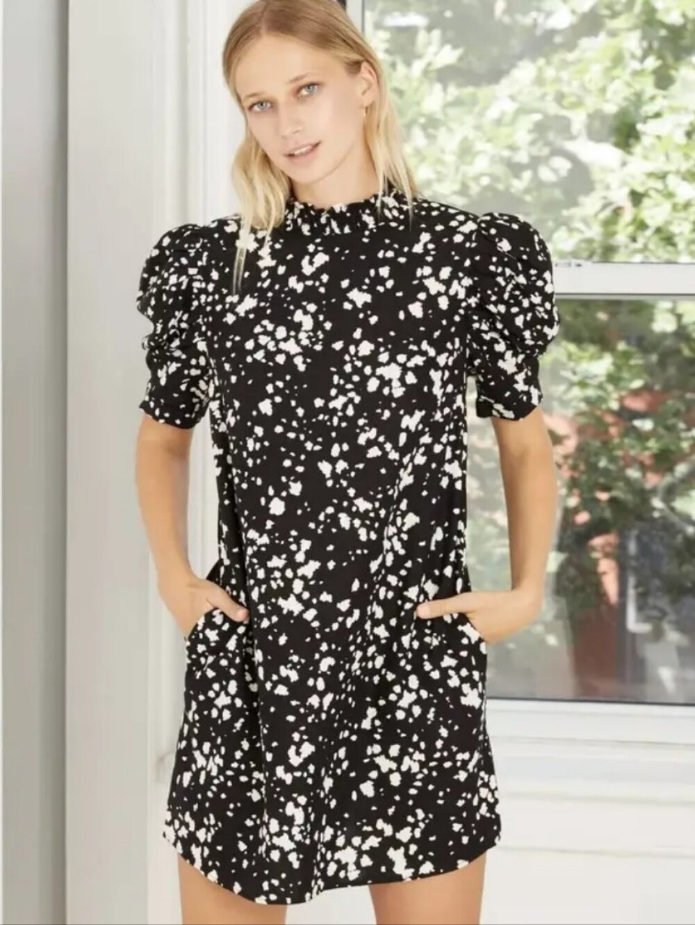 Who What Wear Black White Splatter Puff Sleeve Mini Dress Medium Linen Blend